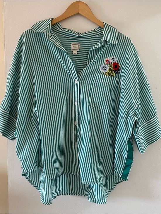 Maeve Tops - Maeve Green Stripe Embroidered Pocket Button-Up Shirt